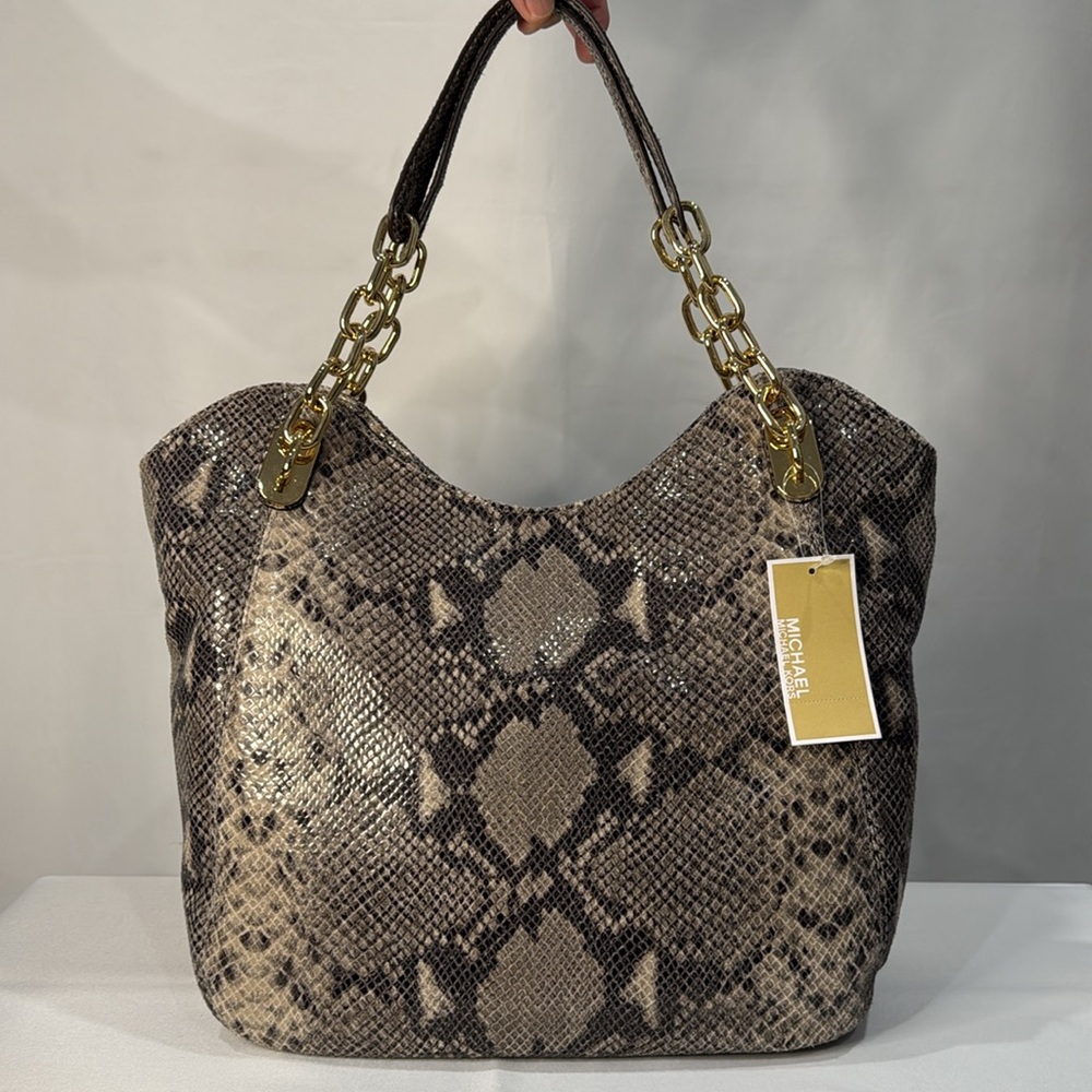 Michael Kors Lilly Chain Python Inspired Leather Jet Set Shoulder Bag-Dark Sand